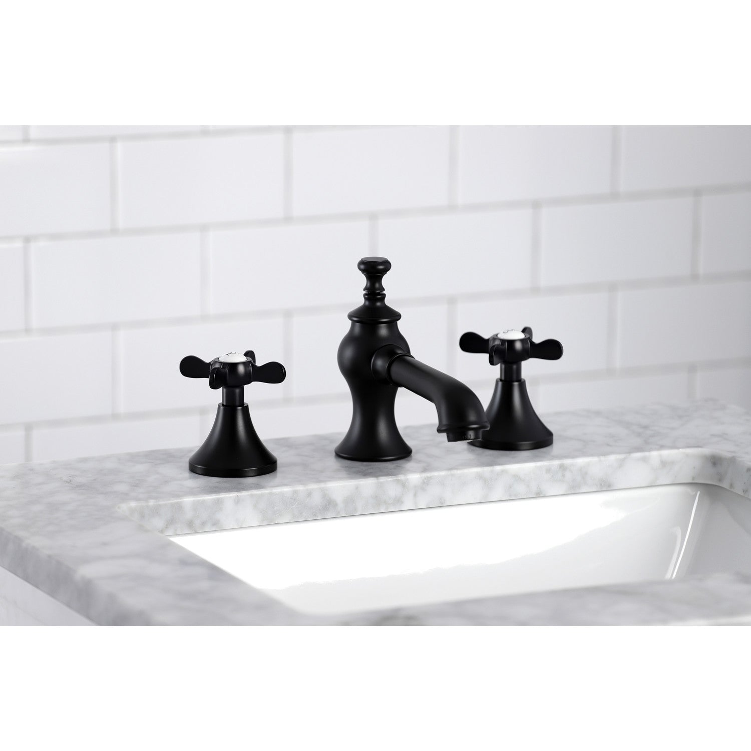 Kingston Tulare KC7060BEX - Essex Two-Handle 3-Hole Deck Mount Widespread Bathroom Faucet with Brass Pop-Up, Matte Black — thumbnail 2